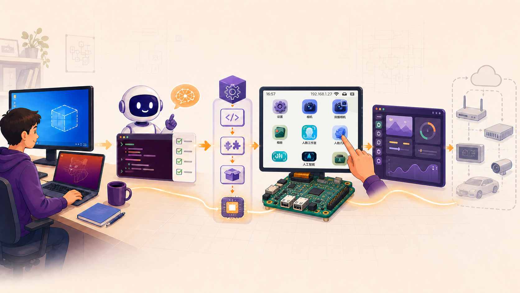 从开发环境、AI Agent、Tina SDK 到开发板验证，并融合 EdgeOS Desktop 真机界面的完整课程路线