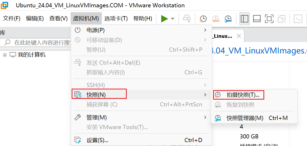 在 VMware 菜单中选择拍摄快照